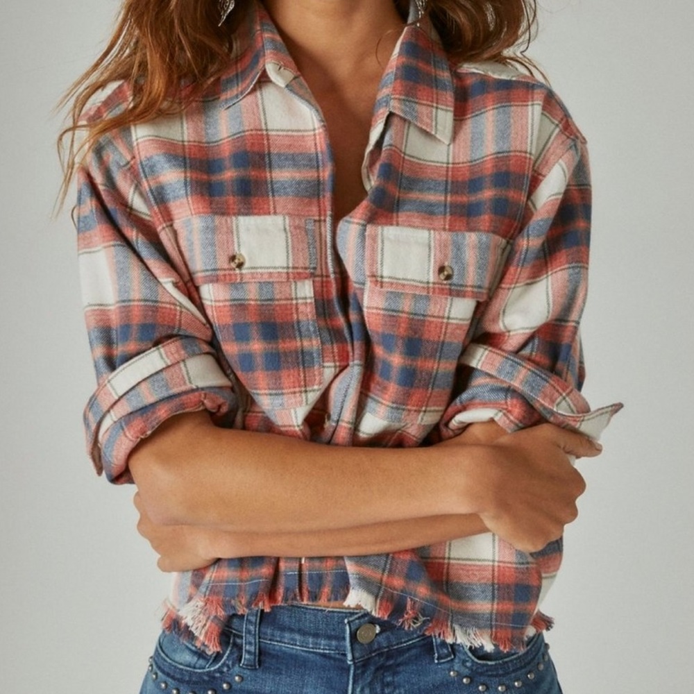 Lucky Brand Raw Edge Plaid Cropped Button Down Shirt